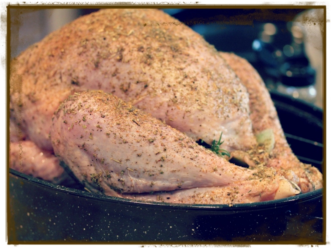 The turkey, massaged with olive oil, sage, thyme, salt, & pepper, ready to go into the oven.