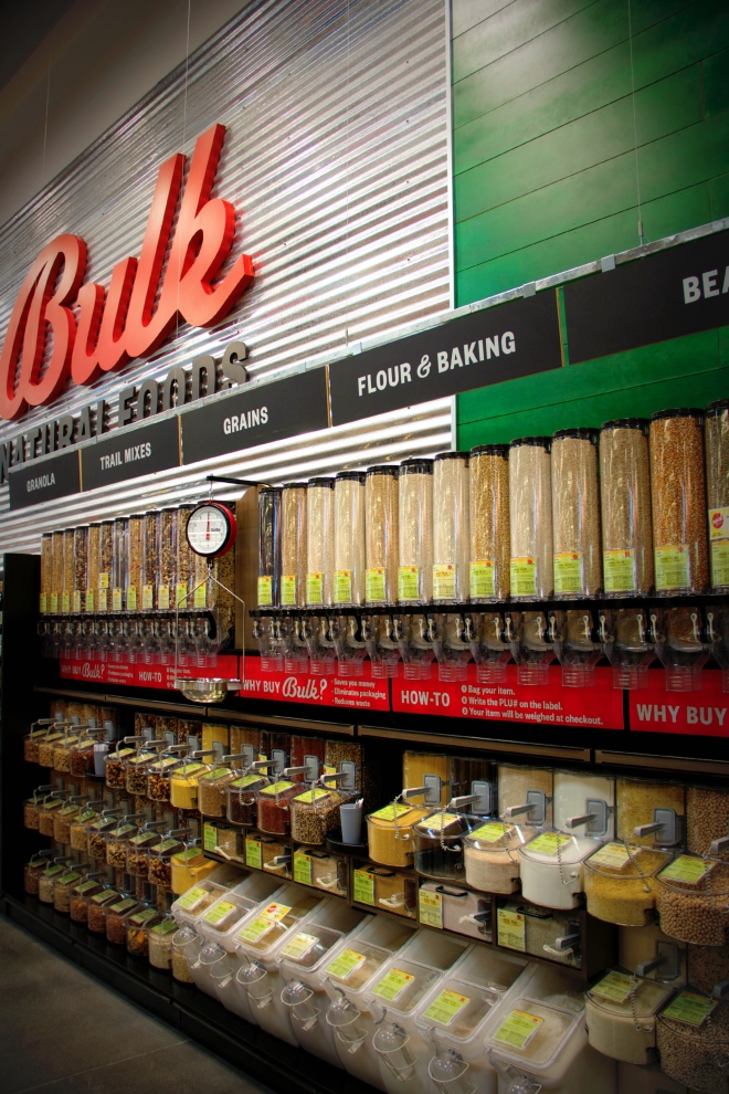 The bulk section has a large variety of grains, beans, flours, nuts, and more.